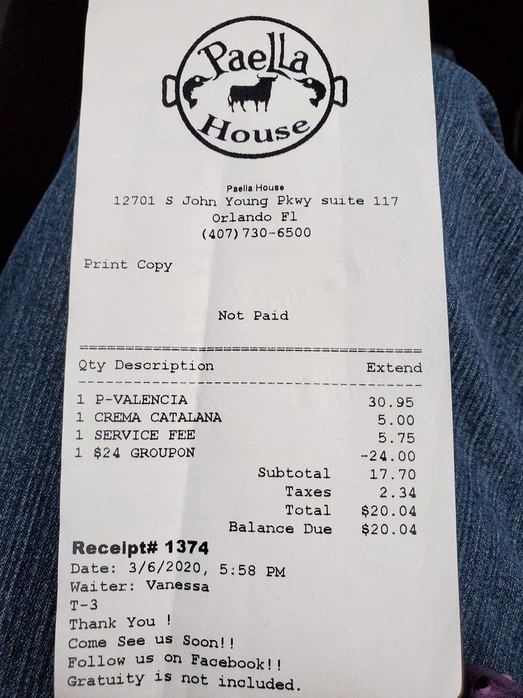 Menu at Paella House restaurant, Orlando