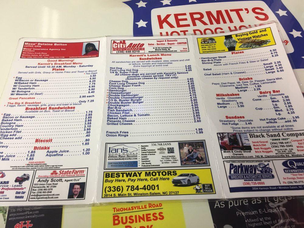 Menu at Kermit's Hot Dog House restaurant, WinstonSalem