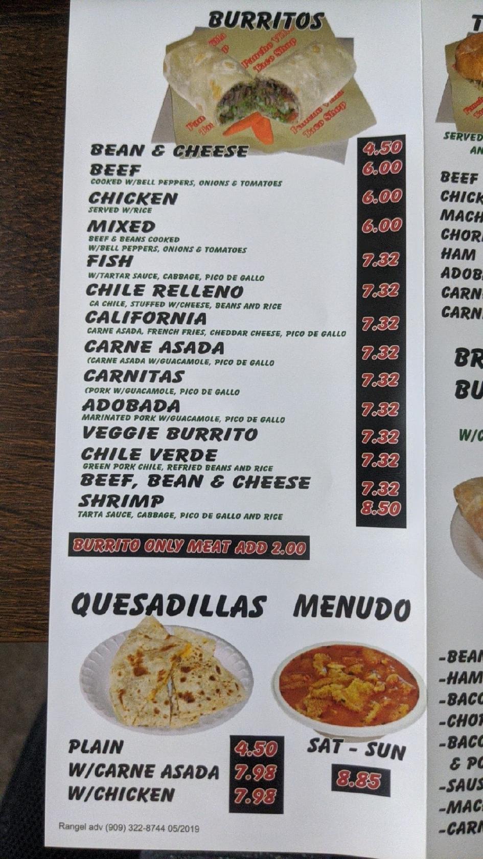Menu at Pancho Villa Taco Shop restaurant, Kingman