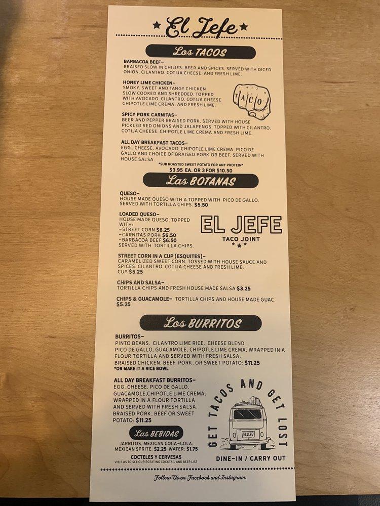 Menu at El Jefe Taco Joint restaurant, Anchorage
