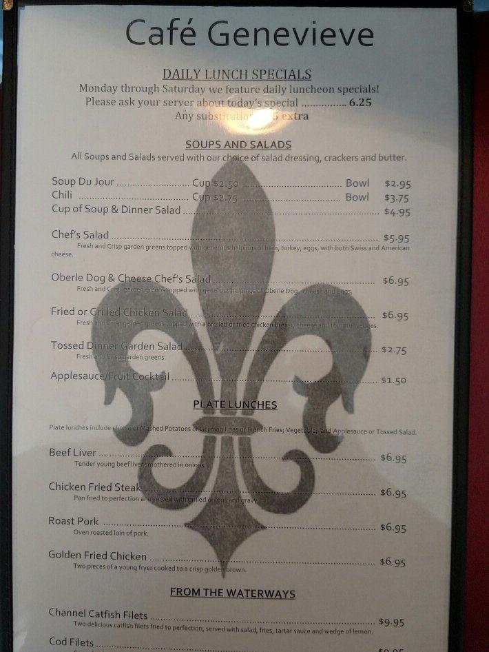 Menu at Cafe Genevieve, Ste. Genevieve, 950 Ste Genevieve Dr