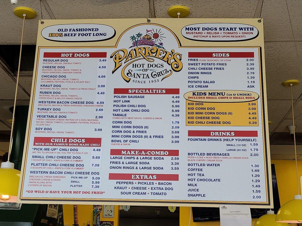 Menu at Parker's Hot Dogs of Santa Cruz restaurant, Roseville, A
