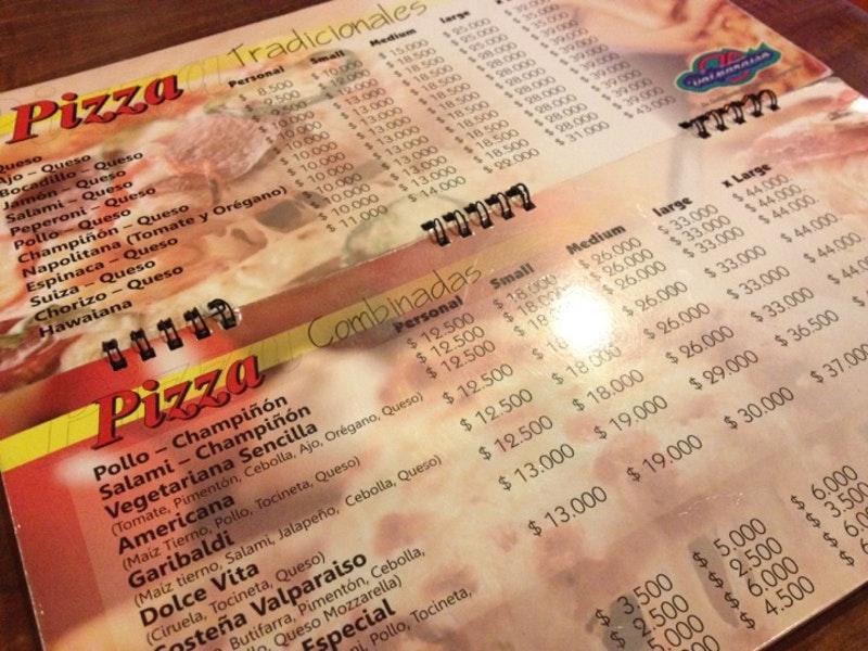Menu at Valparaíso pizzeria, Barranquilla