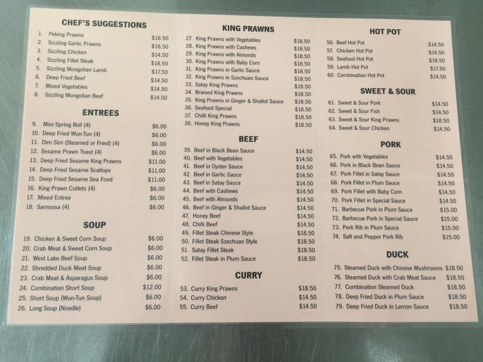Menu at Pagoda Chinese Restaurant, Atherton