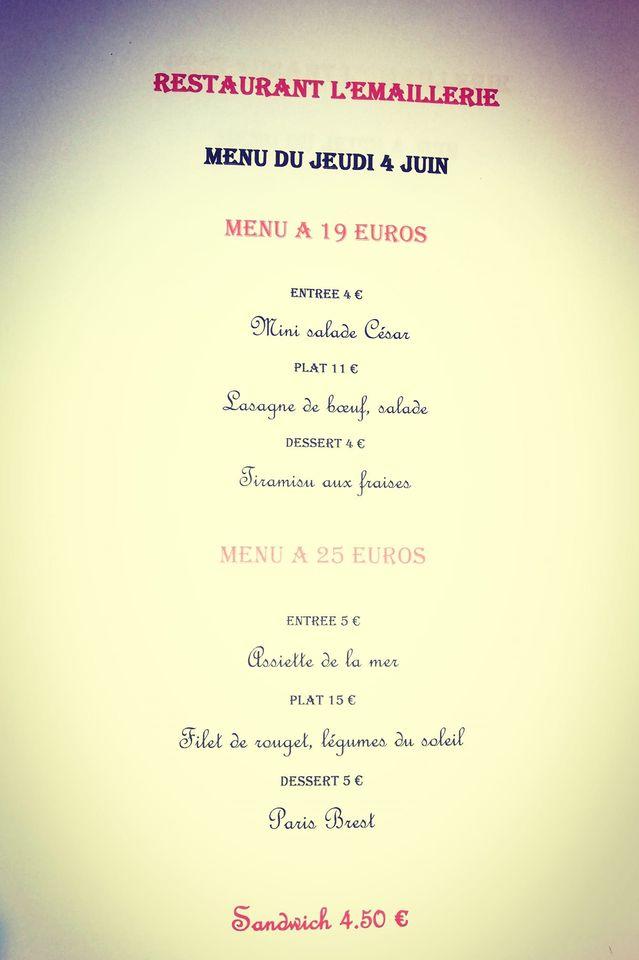 Menu at L'Emaillerie restaurant, Saint-Denis