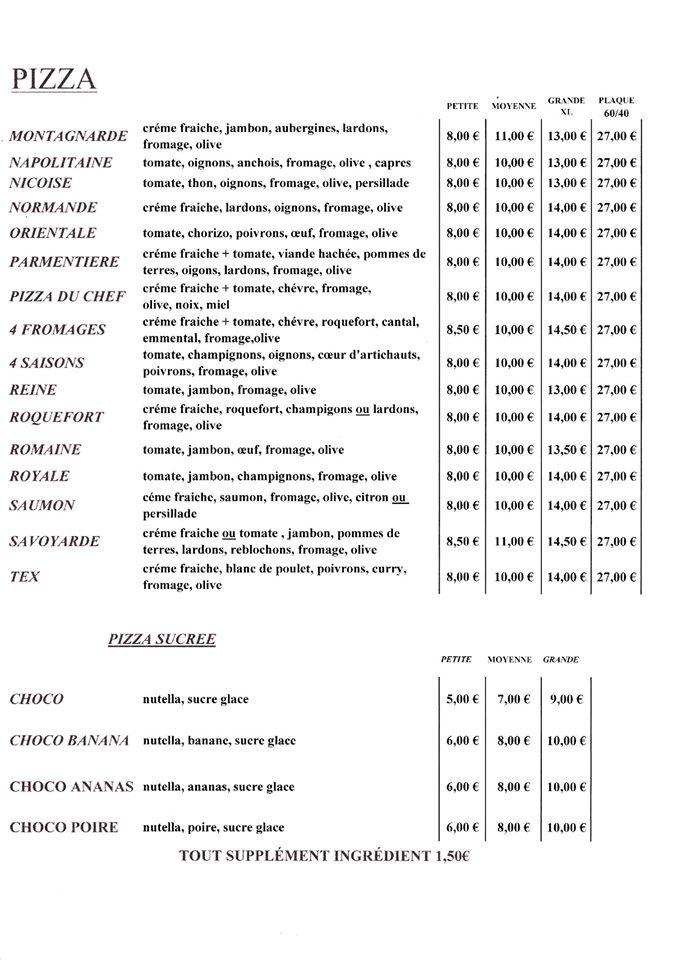 Menu au Pizza Italia pizzeria, Saverdun