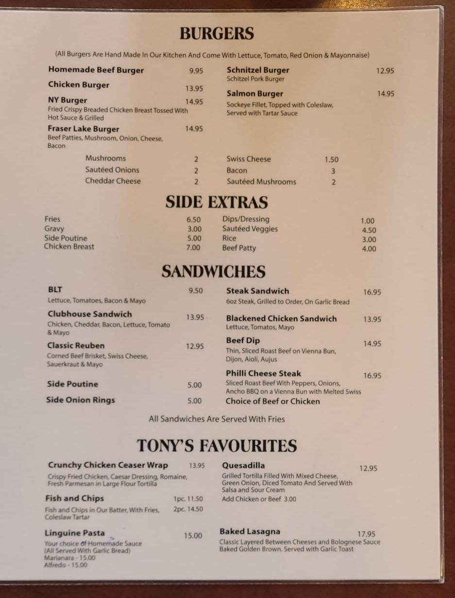 Menu at Tony's Restaurant, Fraser Lake, 210 Chowsunket St
