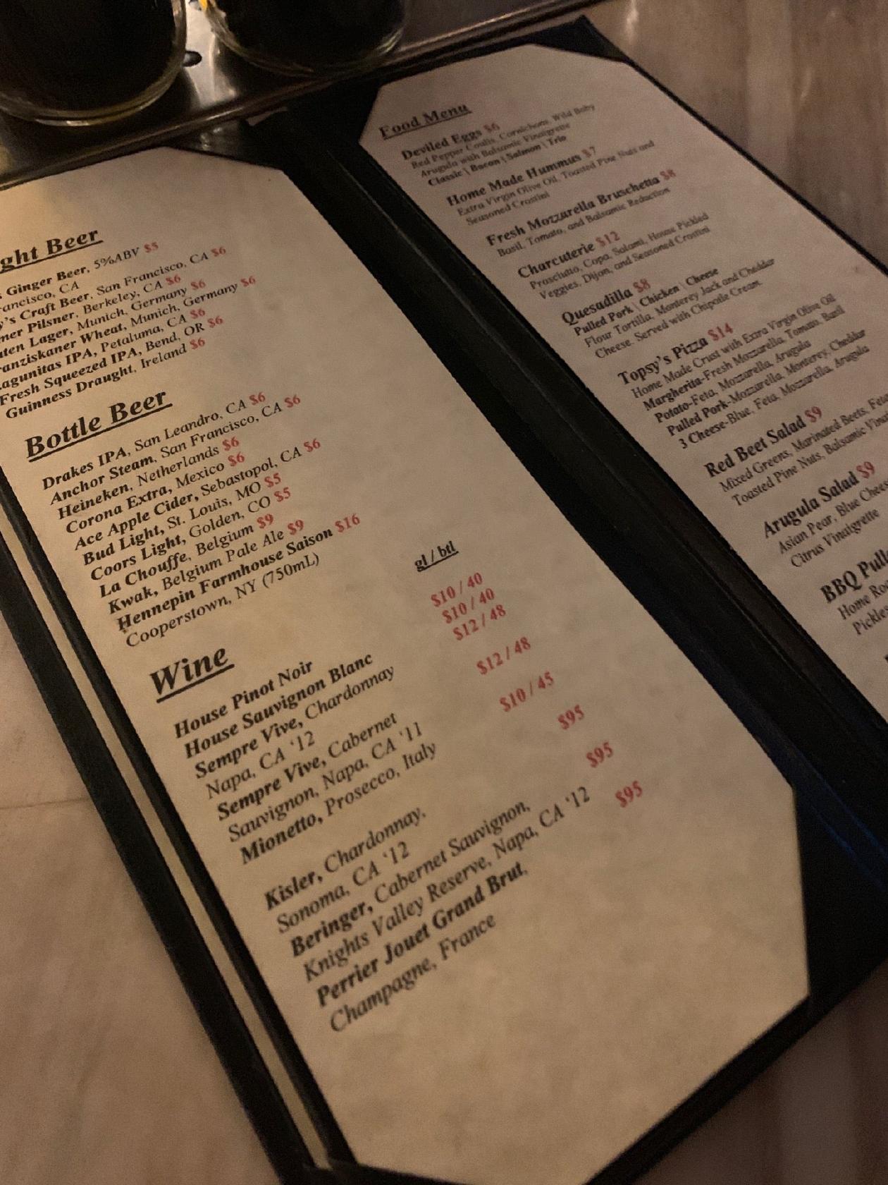 Menu at Topsy's Fun House pub & bar, San Francisco