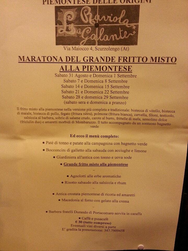 Carta del restaurante La Raviola Galante, Scurzolengo