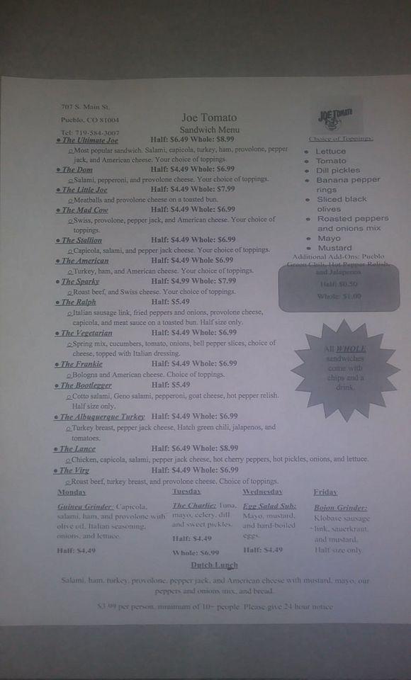 Menu at Joe Tomato fast food, Pueblo