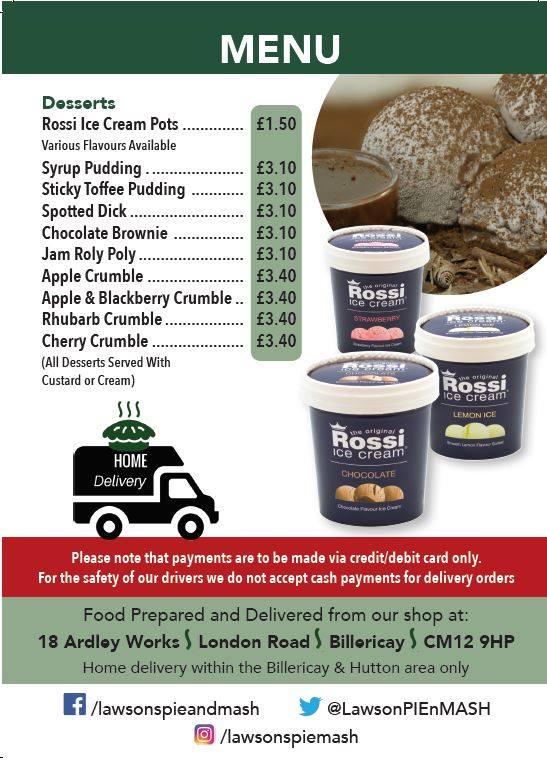 Menu at Lawson's Pie & Mash restaurant, Billericay