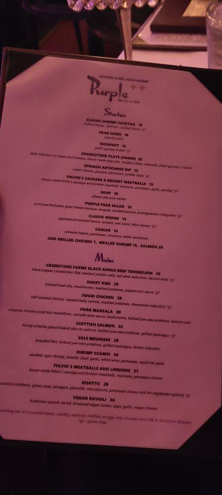 Menu at The Purple Room Supper Club, Palm Springs, E Palm Canyon Dr