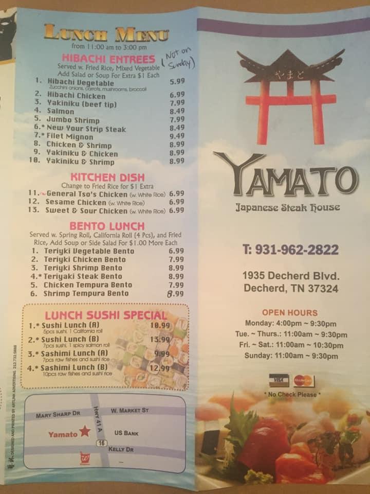 Menu at Yamato restaurant, Decherd