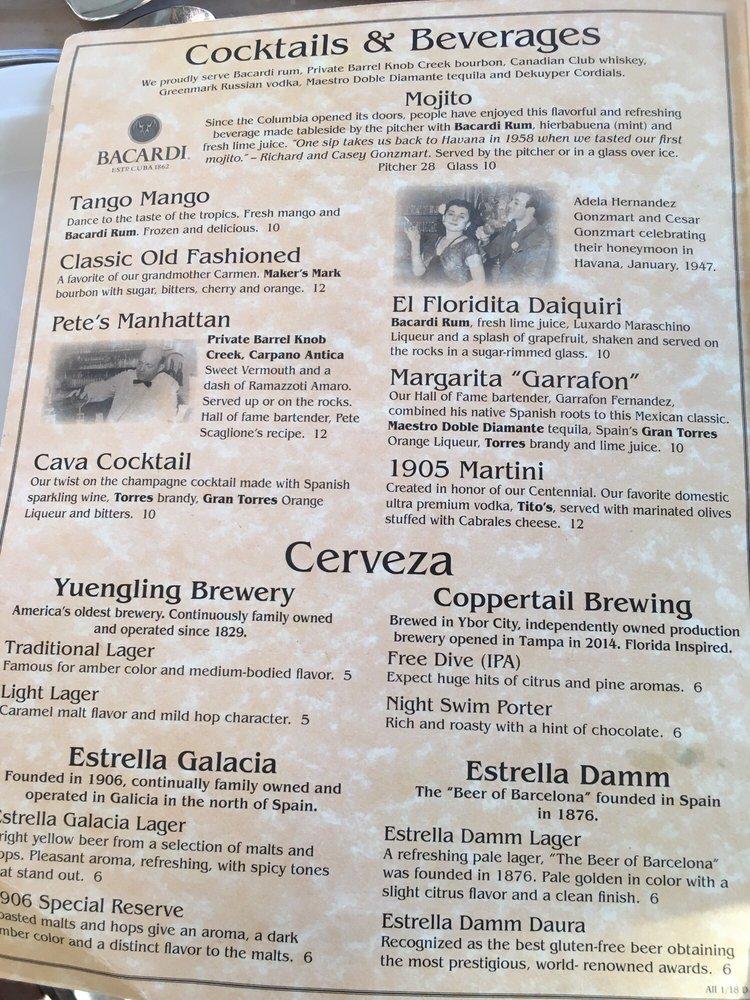 Menu at Columbia Restaurant, Sarasota