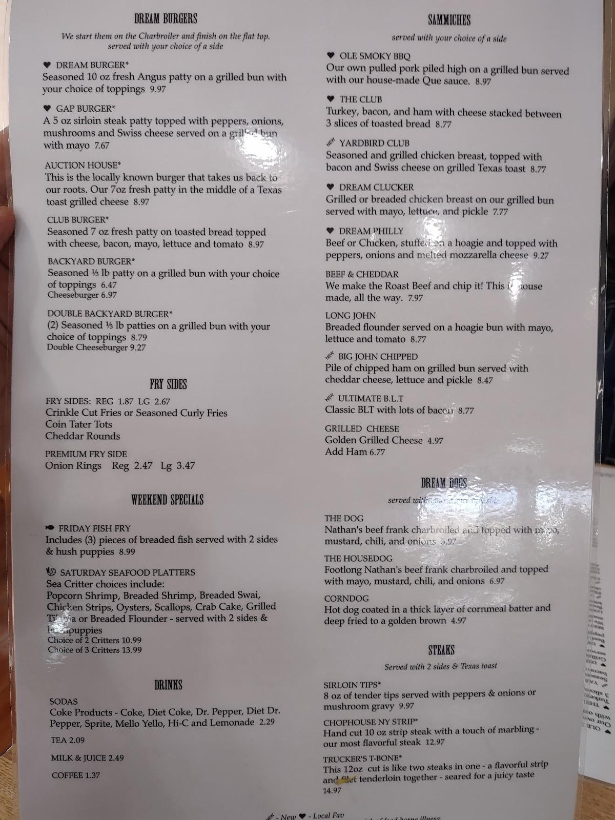 Menu at Dairy Dream restaurant, Bulls Gap, 271 Highway 11 E