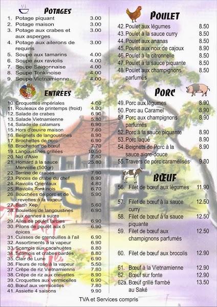 Menu au Restaurant Jardin du Vietnam, Liège