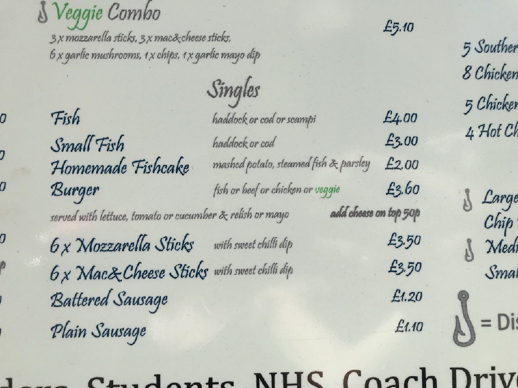 Menu at The Sea Catcher restaurant, York