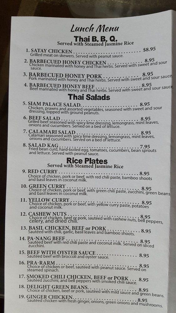 Menu at Siam Palace Thai Cuisine restaurant, Hayward