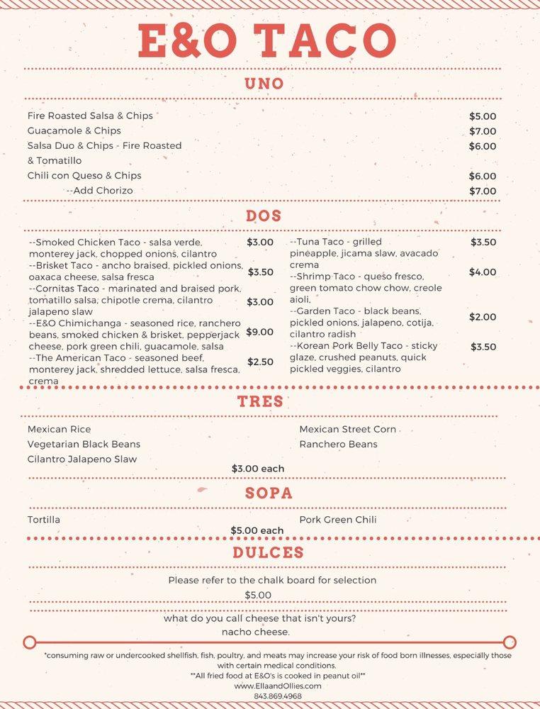Menu at Ella & Ollie's pub & bar, Edisto Island