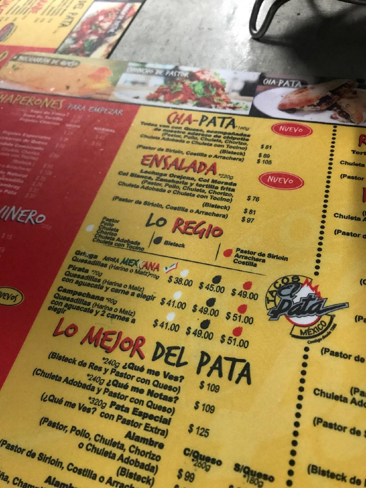 Carta del restaurante Tacos El Pata Suc Leones, Monterrey, Paseo del ...