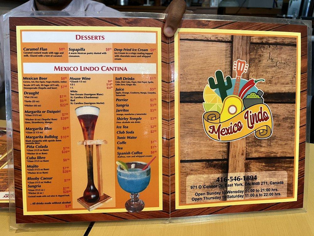 Menu at México Lindo restaurant, Toronto, 971 O'Connor Dr