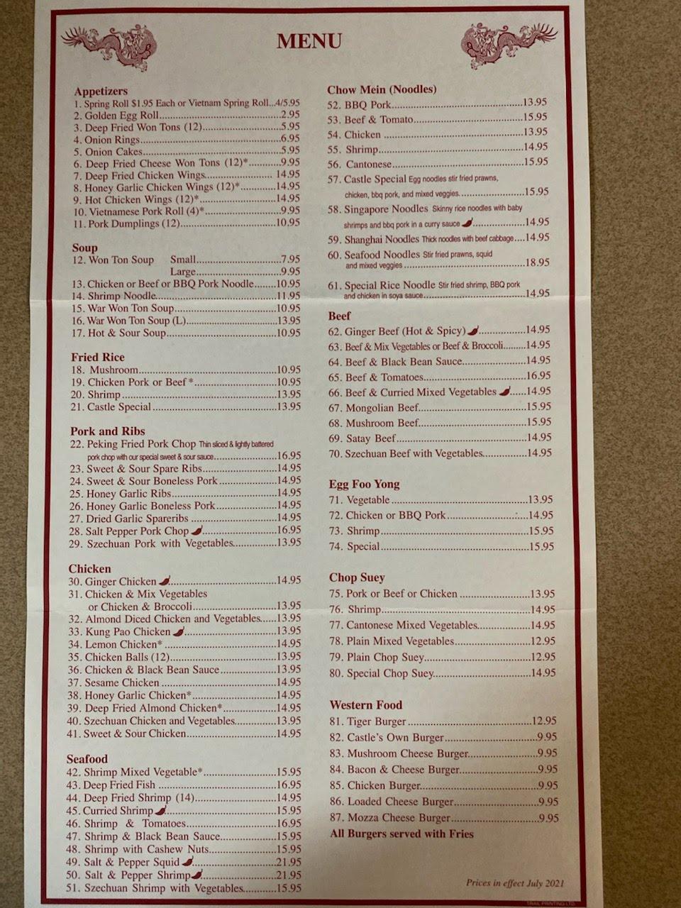 Menu at Castle Restaurant, Edson