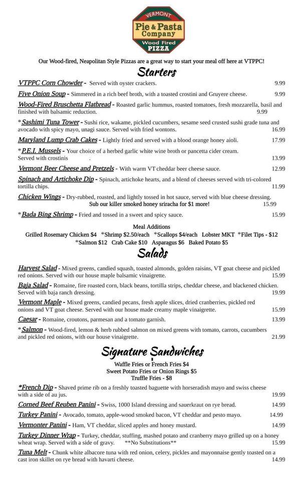 Menu at Vermont Pie & Pasta Company pizzeria, Derby, US5