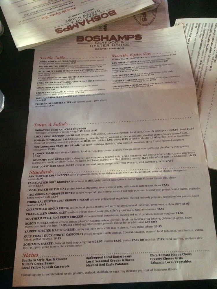 Menu at Boshamps Seafood and Oyster House restaurant, Destin