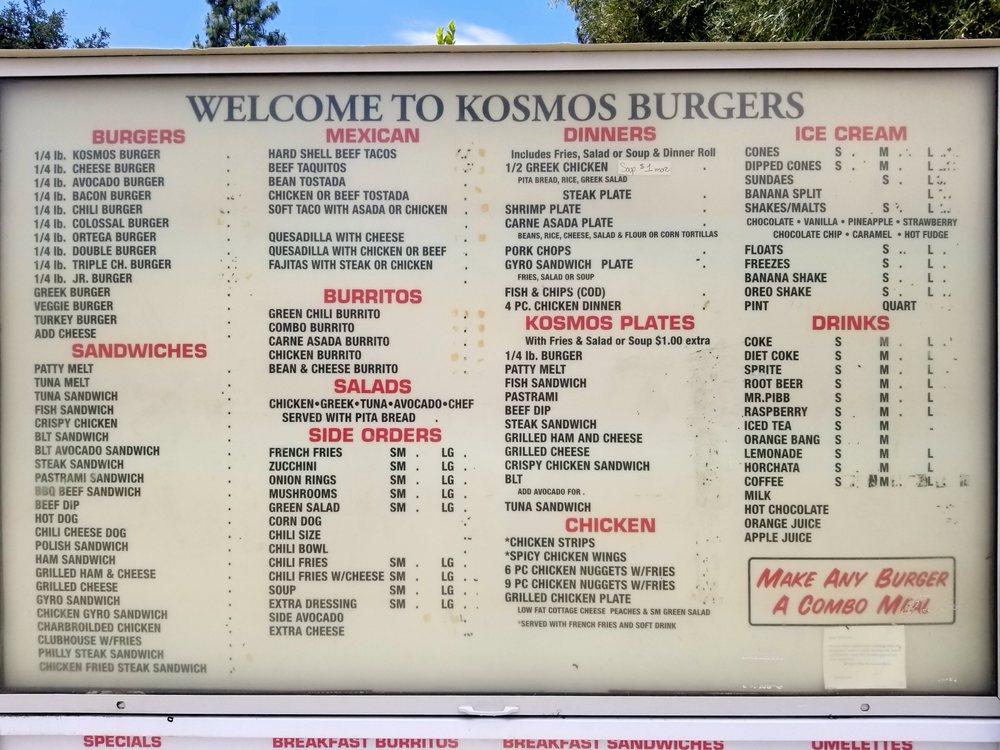 Menu at Kosmos Burgers restaurant, San Dimas