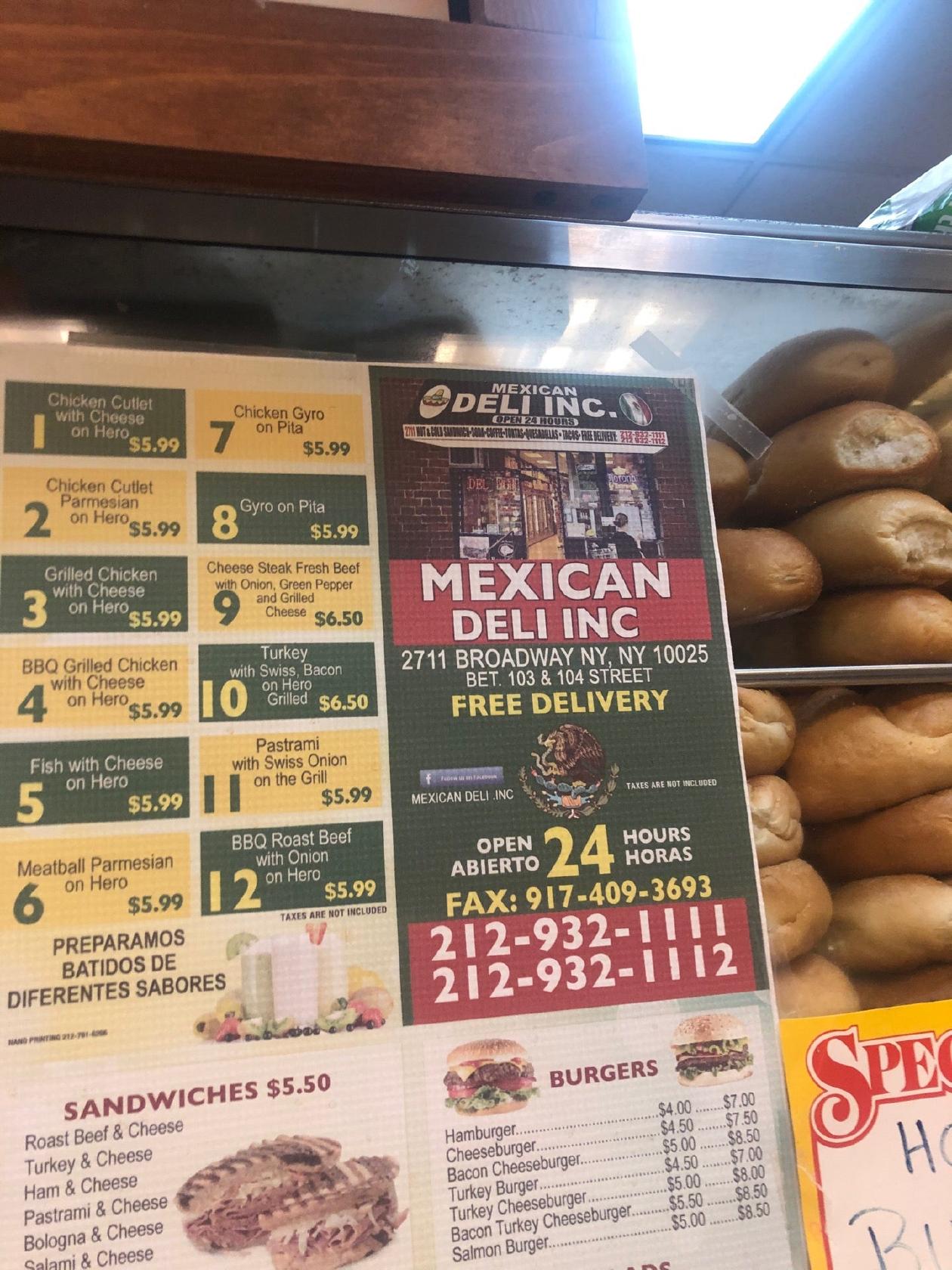 Menu at Mexican Deli, West New York, Broadway