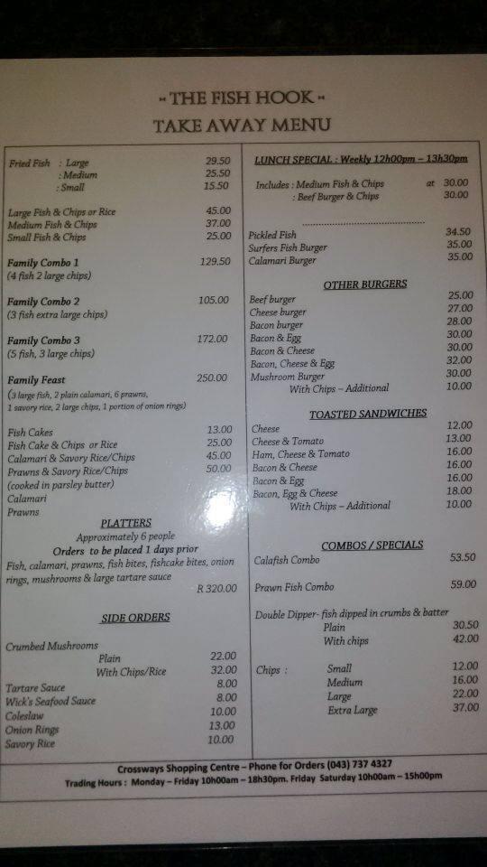 Menu at The Fish Hook restaurant, East London