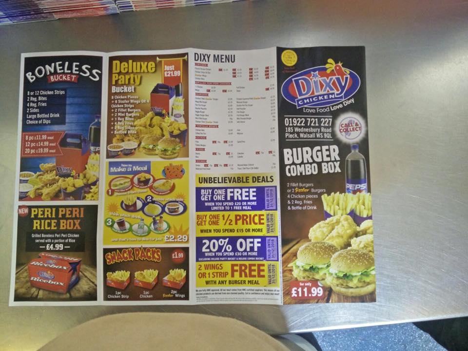 Menu at Dixy Chicken Pleck fast food, Walsall, 185 Wednesbury Rd