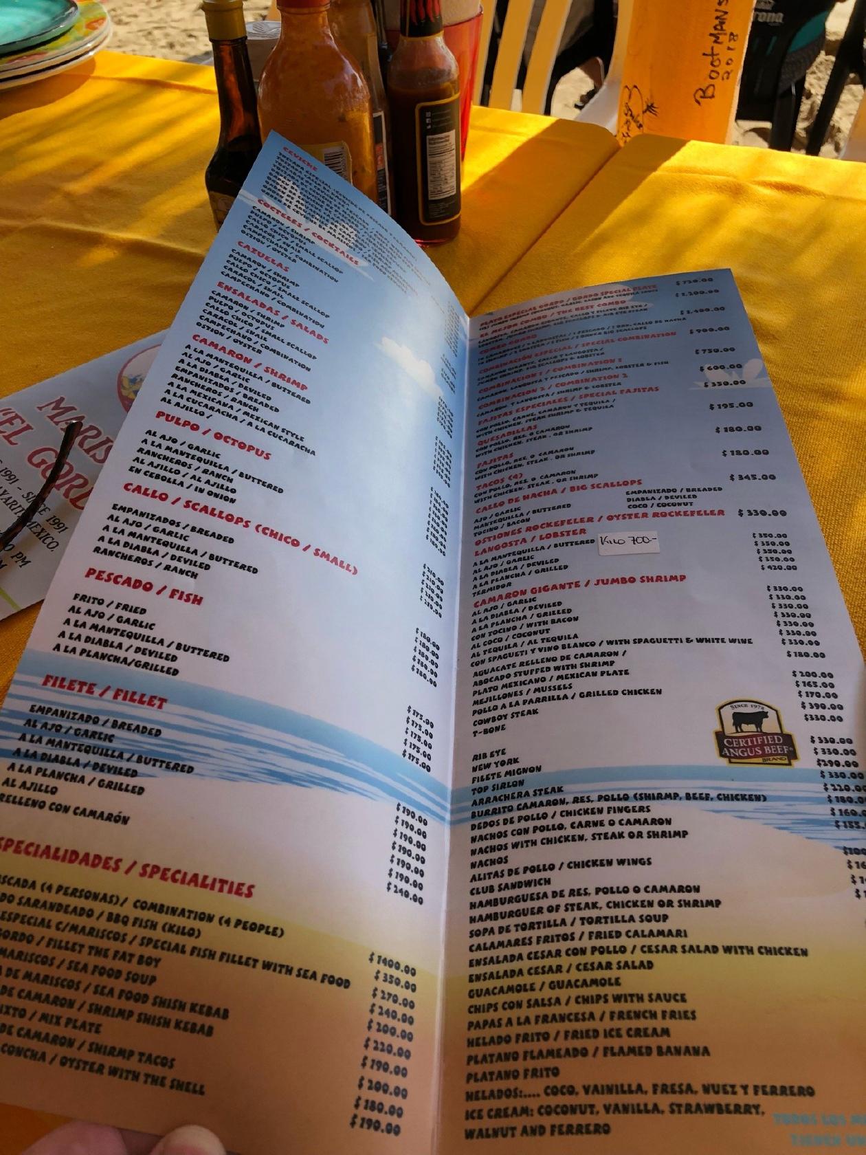 Menu at The Fat Boy, Sea Food restaurant, Bucerías