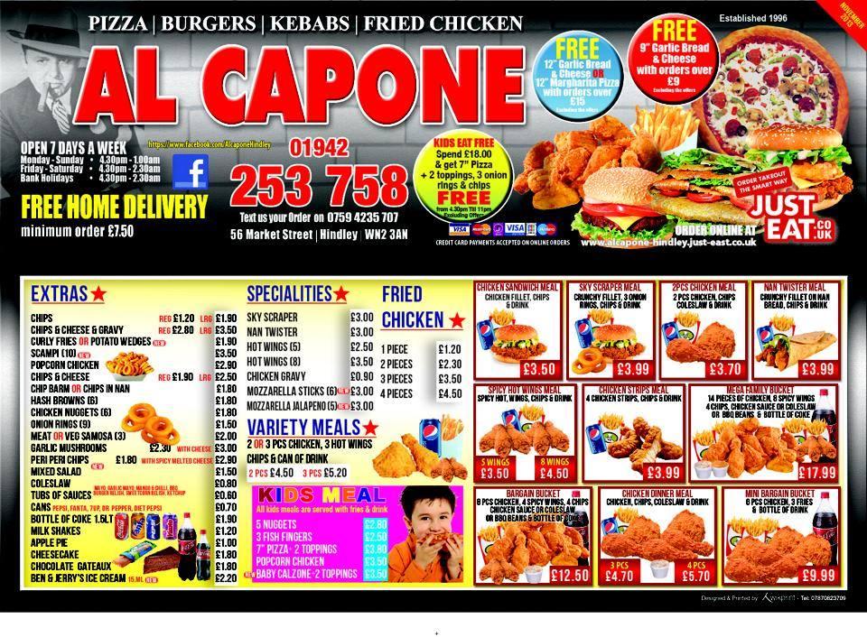 Menu at Al Capone Hindley fast food, Wigan, 56 Market St