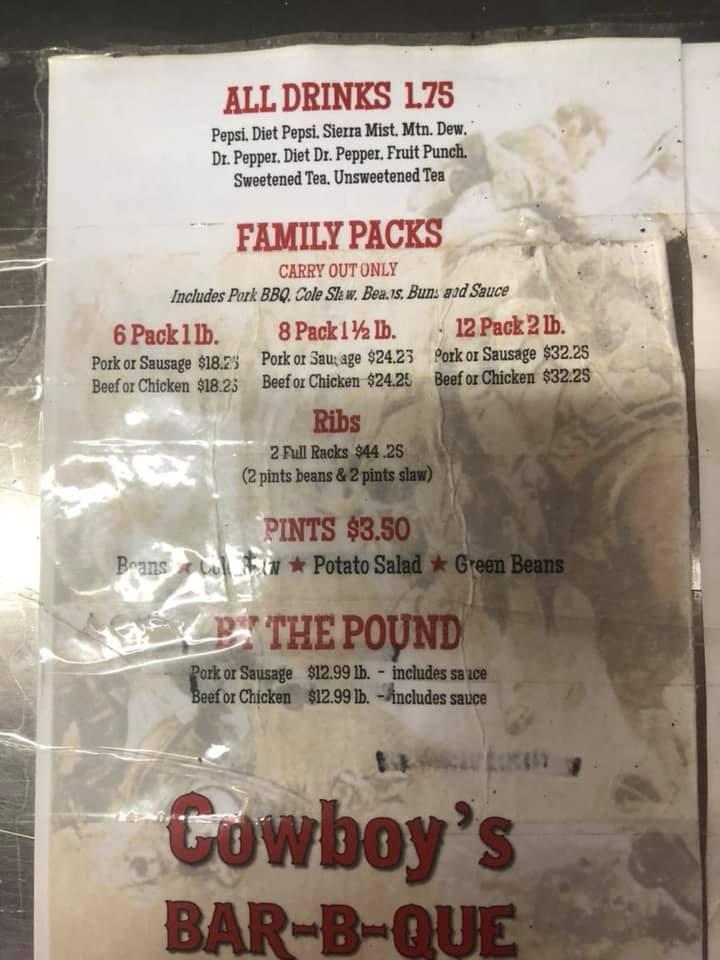 Menu at Cowboy's Barbecue, Batesville