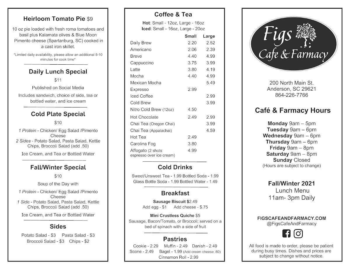 Menu at Figs Cafe & Farmacy, Anderson