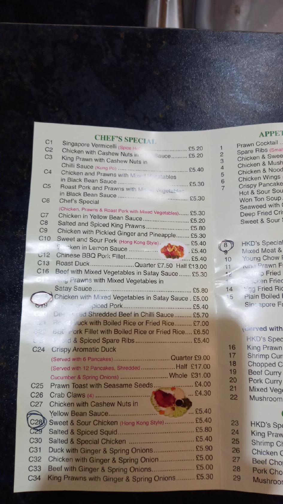 Menu at Hong Kong Diner restaurant, Westward Ho!