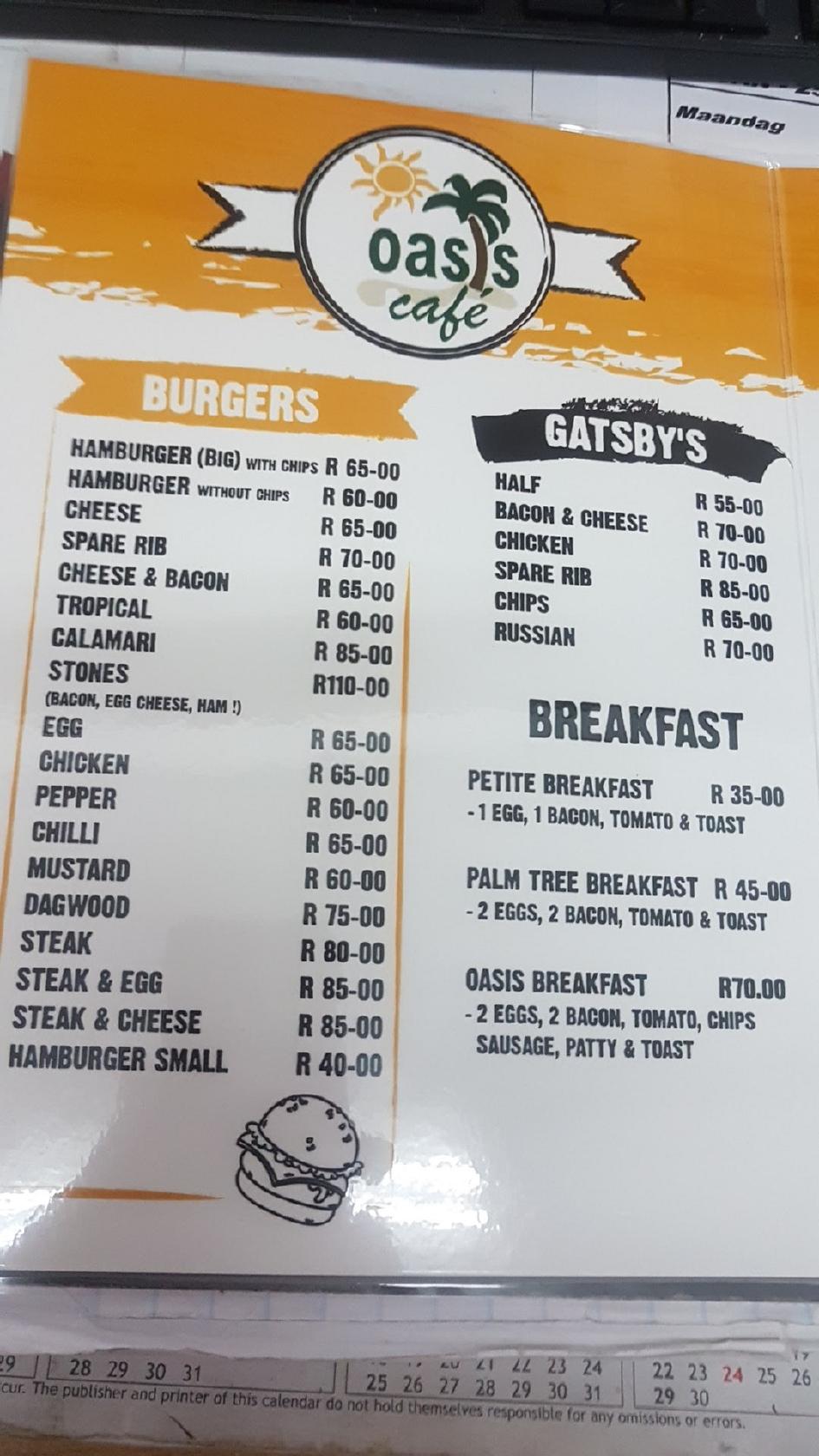 Menu At Oasis Cafe Mossel Bay