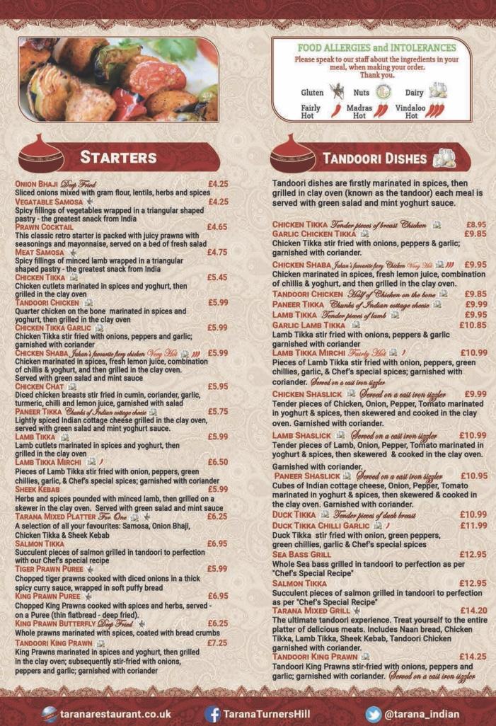 Menu at Tarana Bar & Restaurant, Turners Hill
