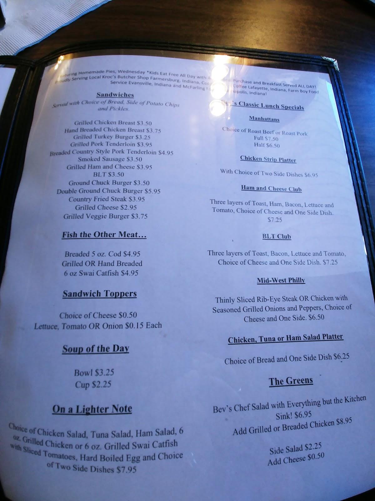 Menu at Bev's Restaurant, Terre Haute