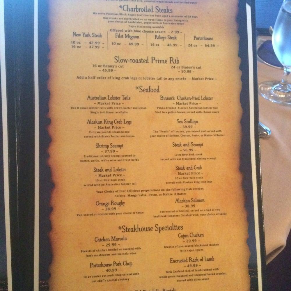 Menu at Top Of Binion's Steakhouse, Las Vegas