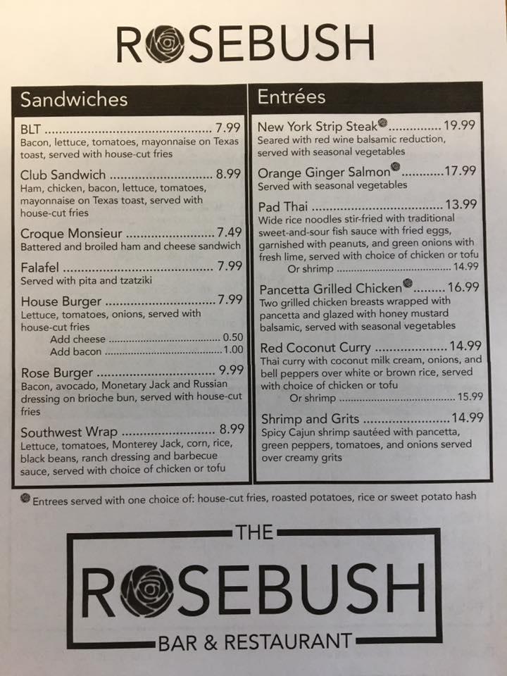Menu at The Rosebush restaurant, Alfred