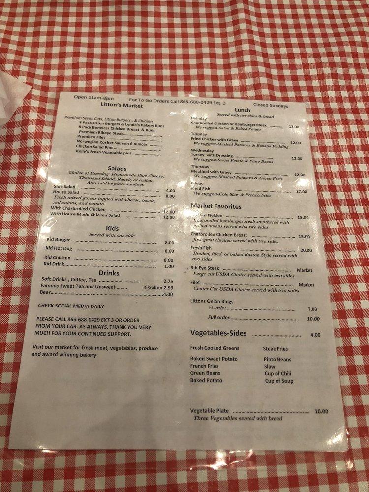 Menu at Litton's restaurant, Knoxville