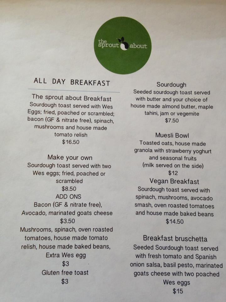 Menu at The Sprout About cafe, East Geelong