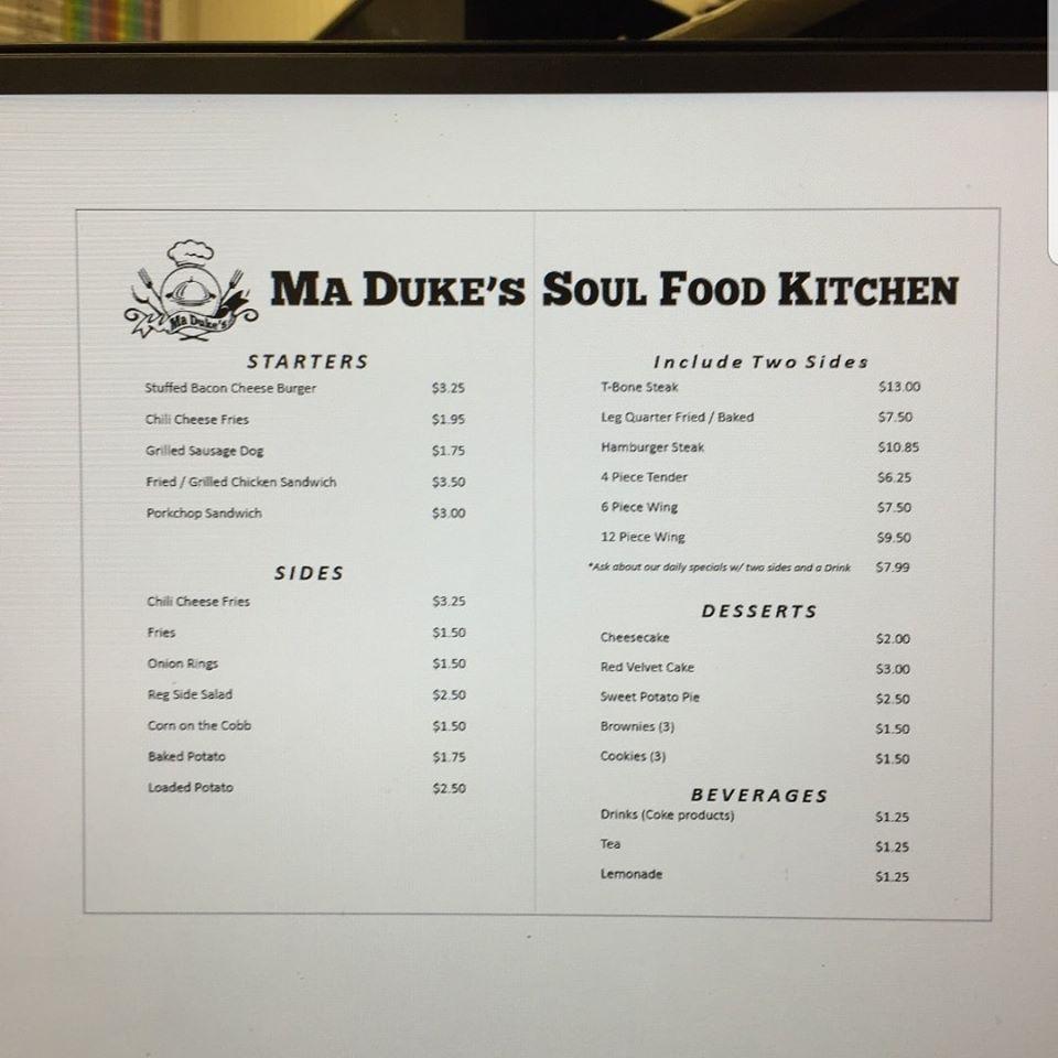 Menu at Ma Duke's Soul Food Kitchen restaurant, Hartwell