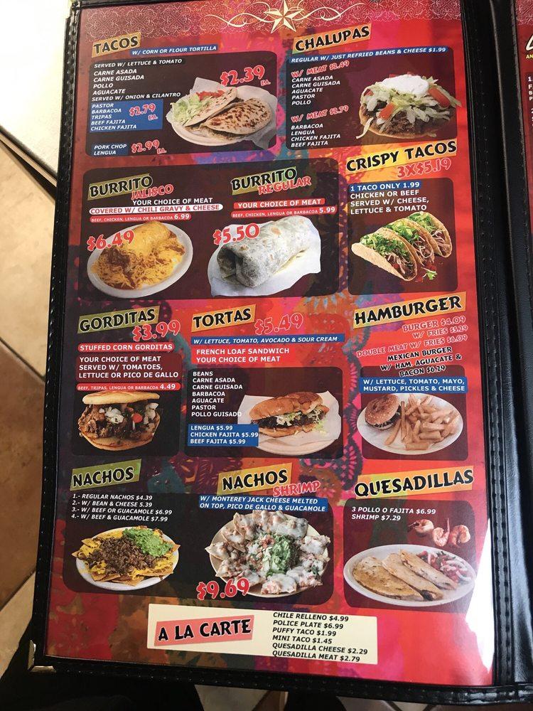 Menu at Taqueria Jalisco restaurant, Castroville