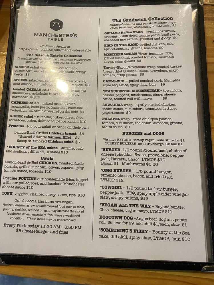Menu at Manchester's Table pub & bar, Richmond