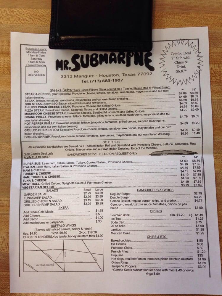 Menu at Mr Submarine restaurant, Houston