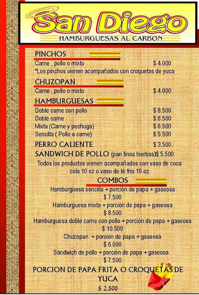 Menu at San Diego Comidas Rápidas Al Carbón Cúcuta