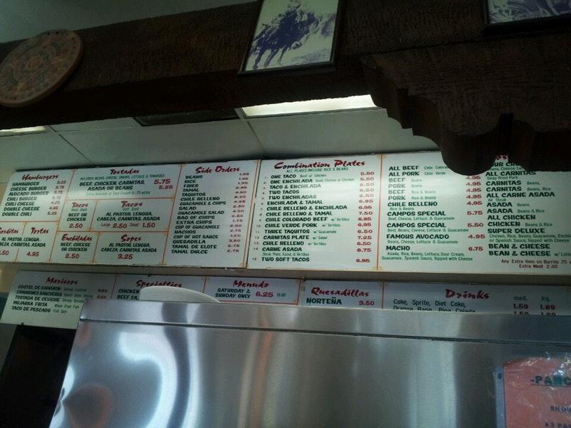 Menu at Campos Tacos restaurant, Los Angeles, S Robertson Blvd